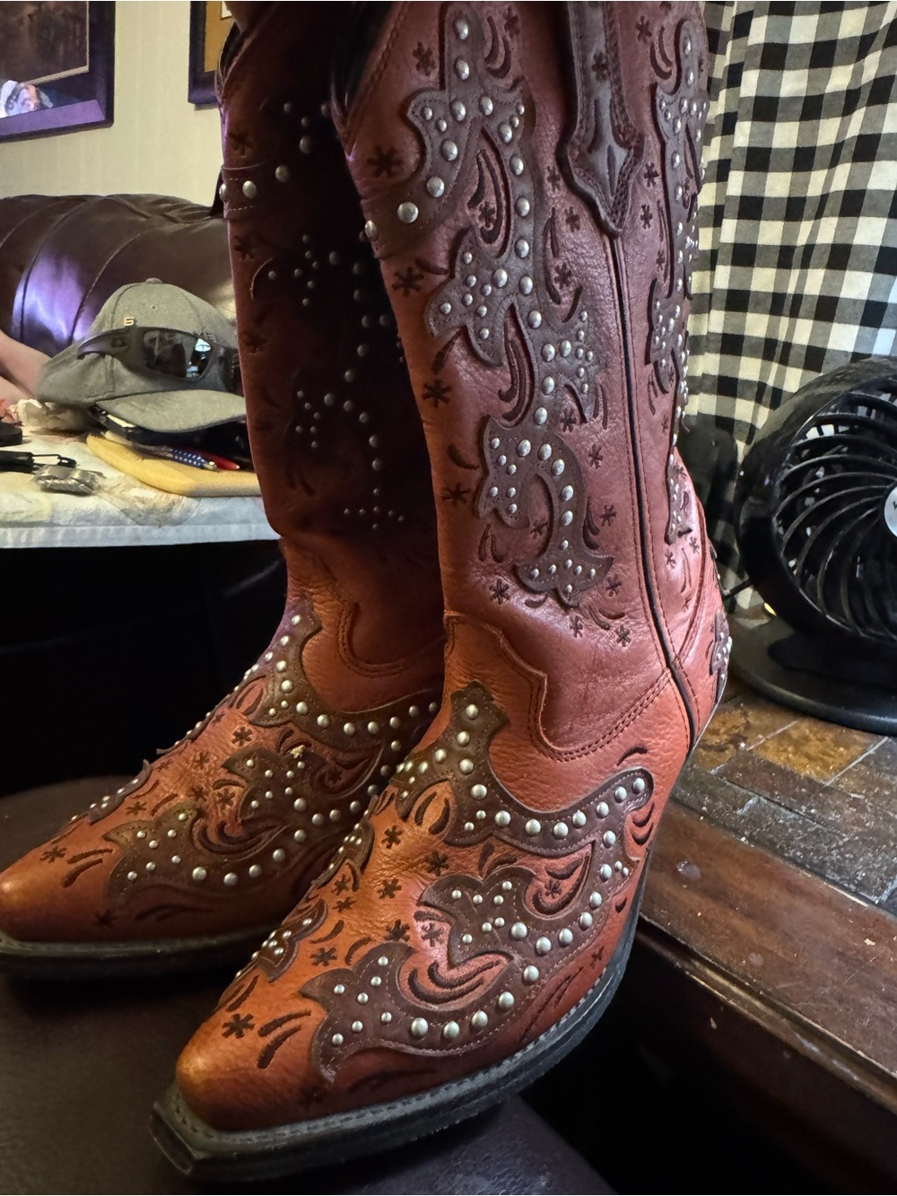 Studded Western Knee-High Heeled Boots in Brown